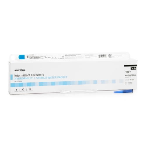 A white box labeled McKesson Straight Tip PVC Hydrophilic Coated Catheter, Unisex, size 10 Fr, 16 in, with sterile water packet. A single pre-lubricated catheter and blue cap are displayed in front of the box.
