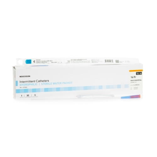 A white box of McKesson Straight Tip PVC Hydrophilic Coated Catheter, Unisex (size 16 Fr) with hydrophilic coating and sterile water packet is shown, a pre-lubricated catheter partially visible above the box.