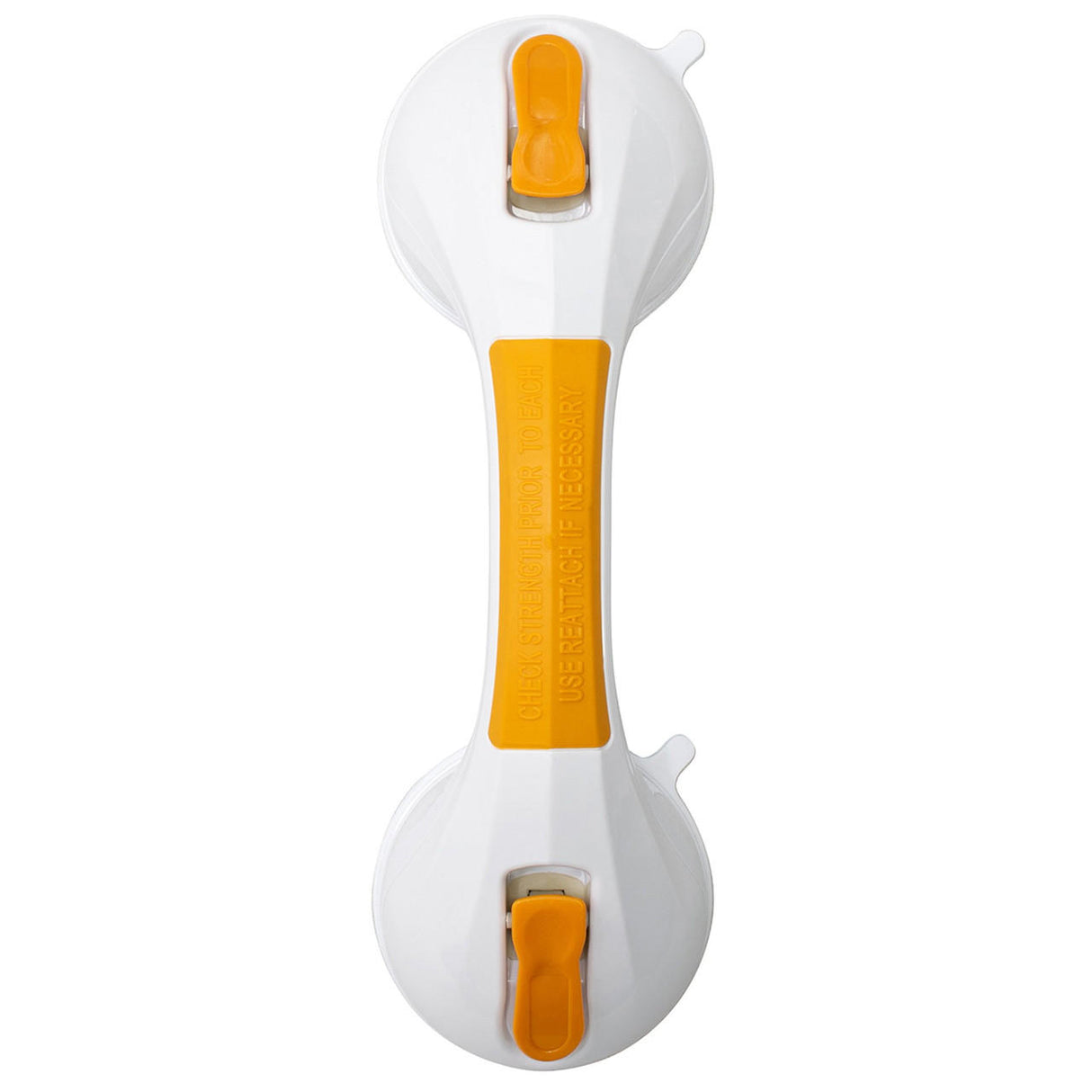 The McKesson Suction-Cup Grab Bar by McKesson is a white plastic grab bar with orange locking tabs for tool-free installation on smooth surfaces, designed to enhance bathroom safety and deliver reliable support.