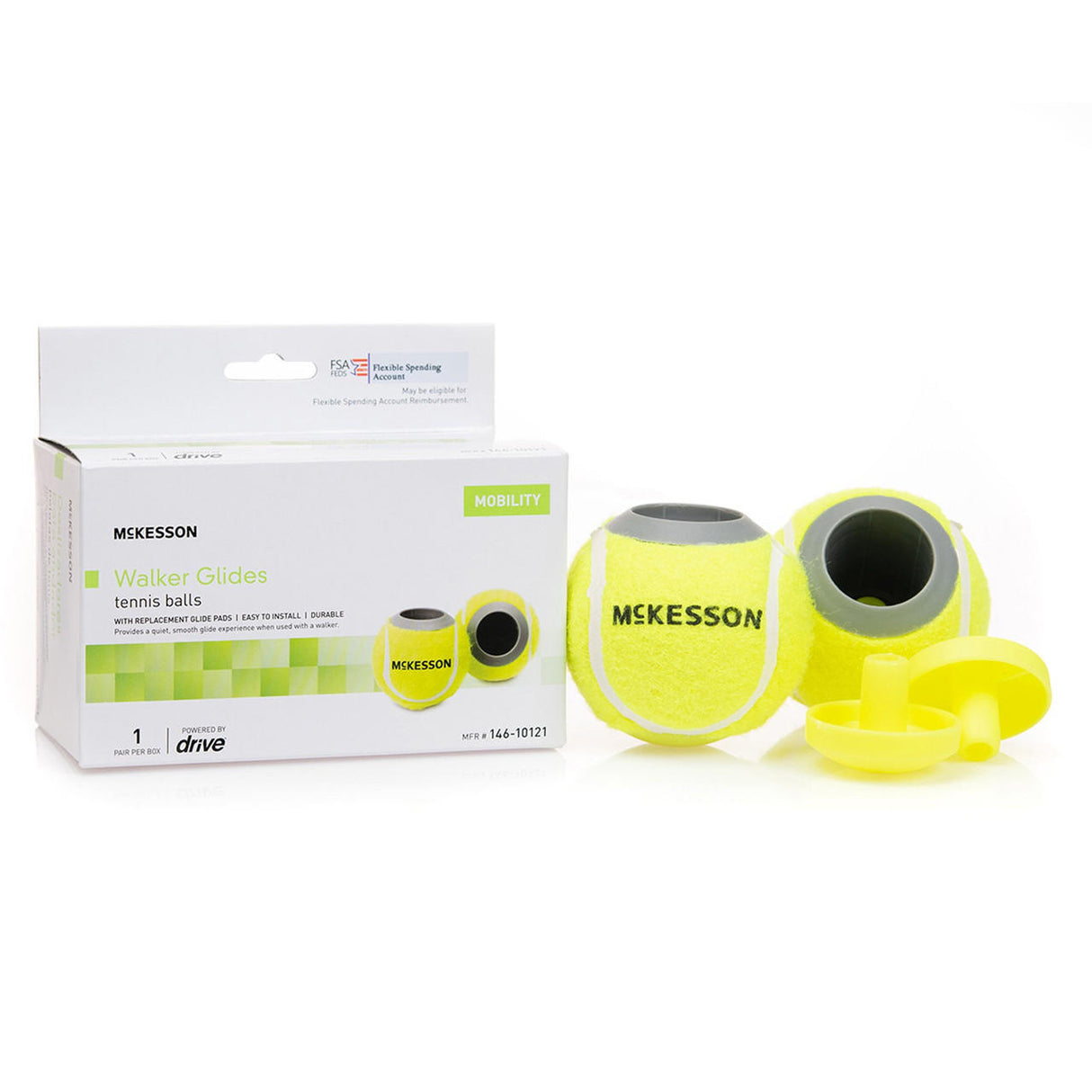 Box labeled McKesson Tennis Ball Glide Pads sits next to two bright yellow glide pads—one with the McKesson logo—designed as walker accessories to fit onto walker legs for smoother mobility.