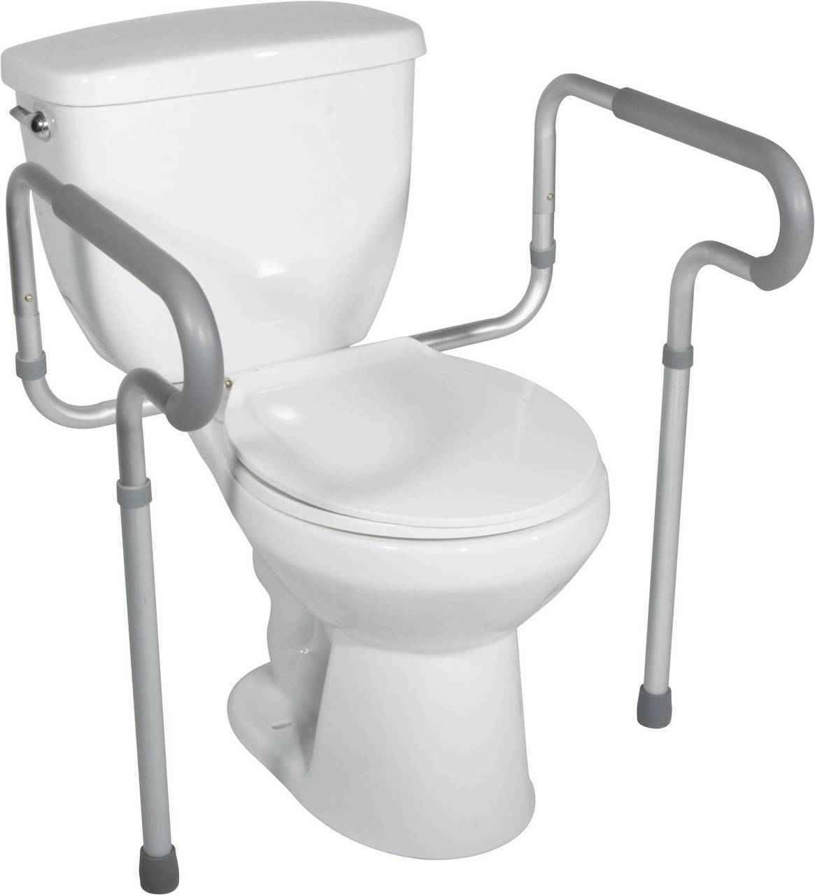 The McKesson Toilet Safety Frame is a white toilet safety aid with attached gray rails on both sides, designed by McKesson to offer adjustable support and stability for individuals with mobility challenges.