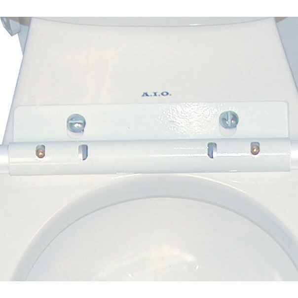 Close-up of a McKesson Toilet Safety Frame hinge mechanism attached to a toilet with screws and mounting bracket, designed by McKesson to enhance bathroom safety when paired with an adjustable toilet frame.