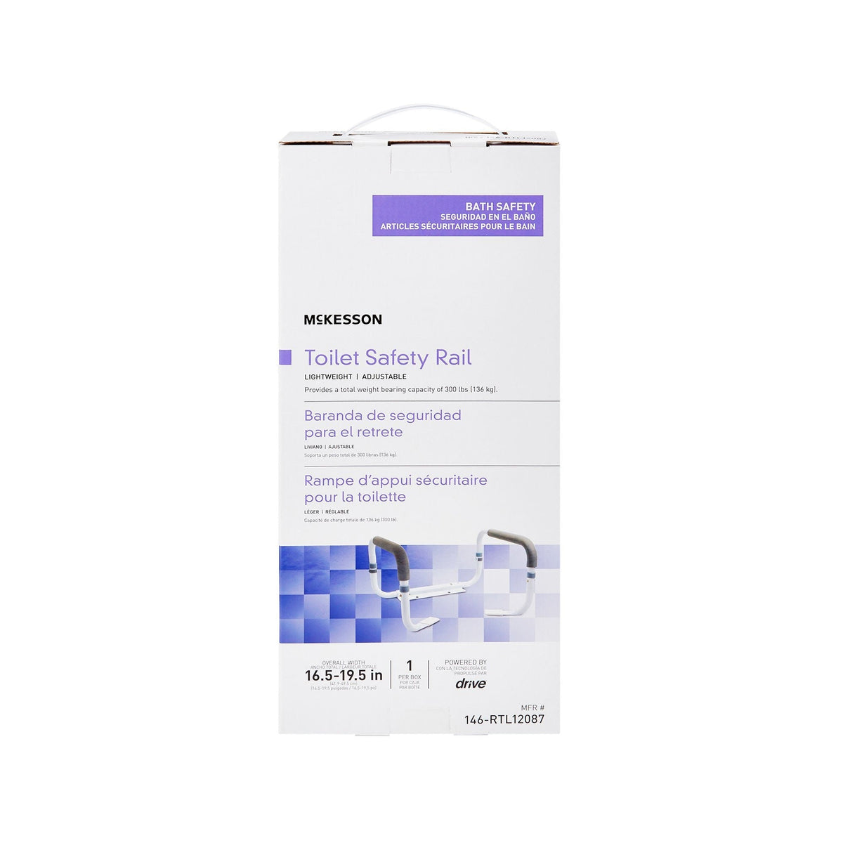 McKesson Toilet Safety Rail, White Steel, 16.5" to 19.5" Width - 146-RTL12087-Single - LL Medico