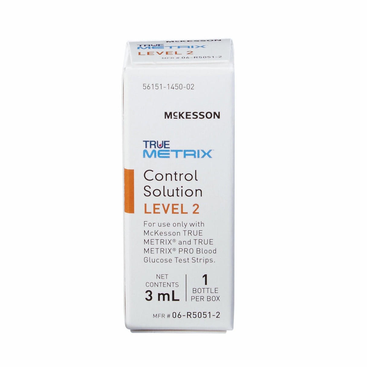 Front view of a McKesson TRUE METRIX Blood Glucose Testing Control Solution, Level 2 box for use with the TRUE METRIX Self-Monitoring System and test strips; includes 3 mL bottle (1 per box). Brand: McKesson.