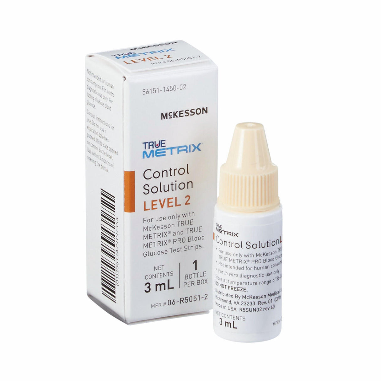 A 3 mL bottle of McKesson TRUE METRIX Blood Glucose Testing Control Solution, Level 2, and its box. For use with blood glucose test strips in the TRUE METRIX Self-Monitoring System.