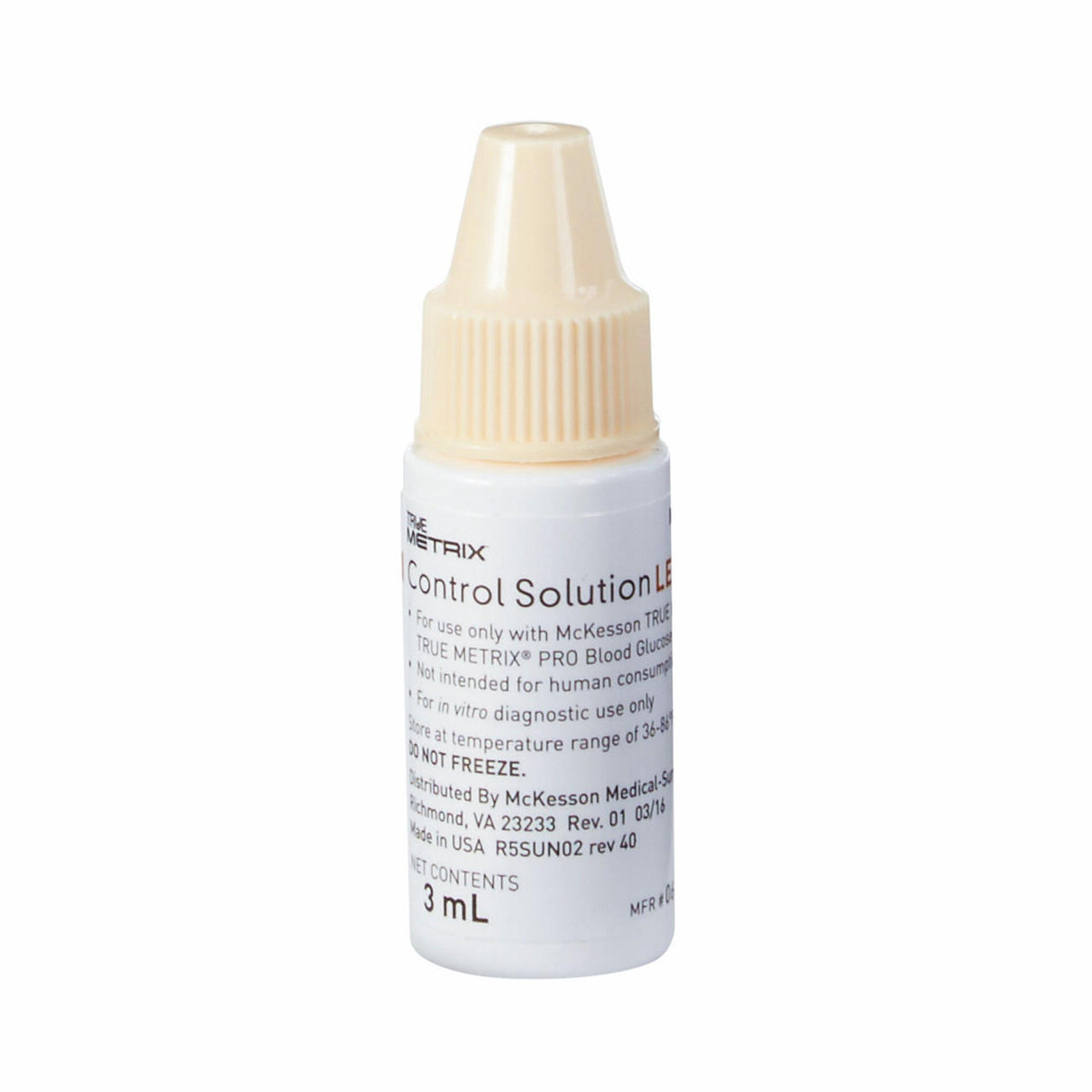 McKesson TRUE METRIX Blood Glucose Testing Control Solution, Level 2 is a small white 3 mL bottle with a beige cap, labeled with product details and instructions, designed for in vitro diagnostic testing and self-monitoring systems.