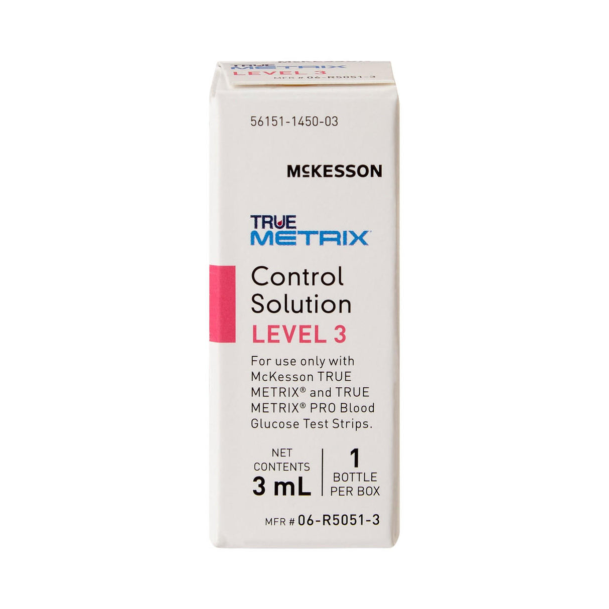 McKesson TRUE METRIX Blood Glucose Testing Control Solution, Level 3, 3 mL bottle, for use with TRUE METRIX self-monitoring system and test strips. Mostly white packaging features blue and red text. Brand: McKesson.