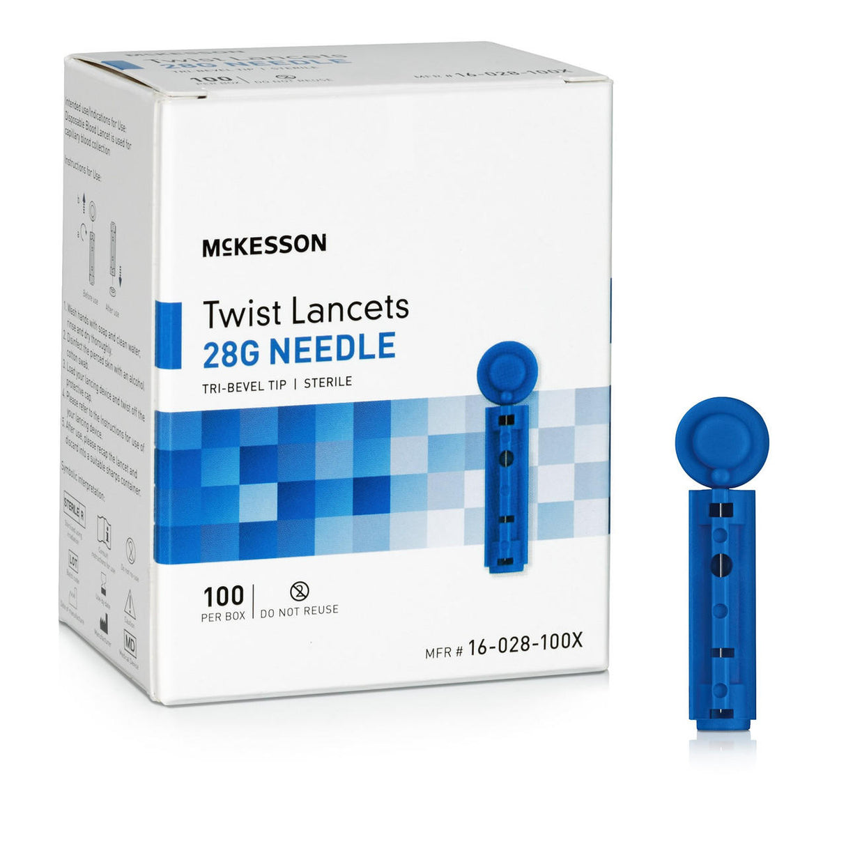 Box of McKesson Twist Top Lancet Needles, 28 gauge, 1.8 mm depth. White box with blue accents contains 100 single-use lancets for blood sampling, compatible with most lancing devices; blue lancet shown in front.