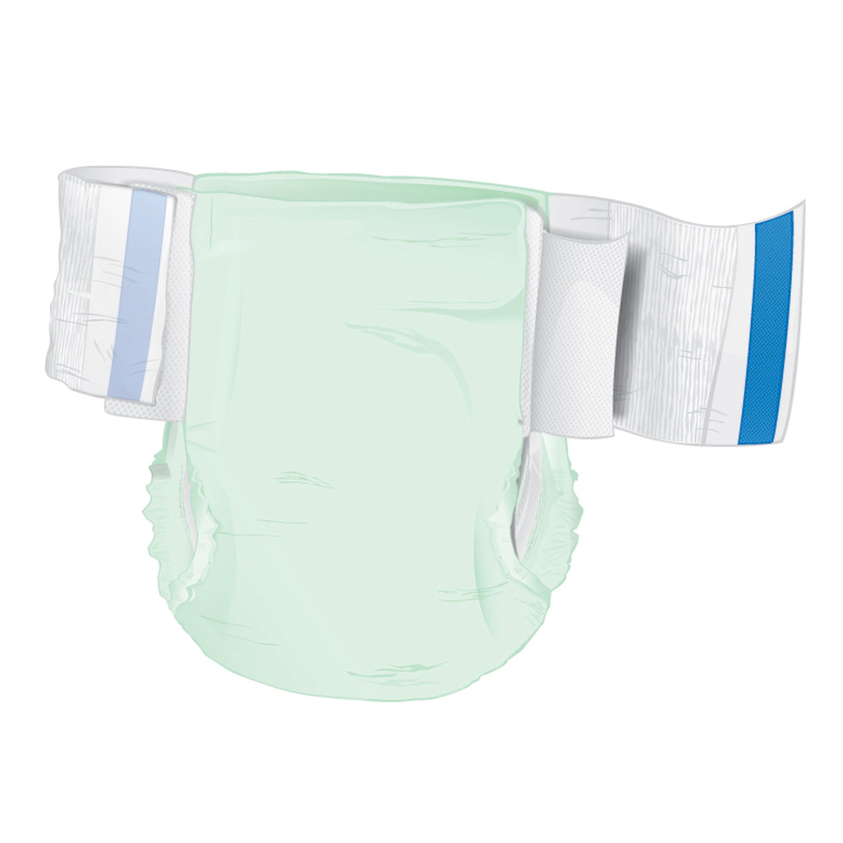 Illustration of a McKesson Adult Brief, Ultra Plus—opened flat with waistband and leg cuffs visible; one side has white tabs with blue stripes, the other solid blue—showing features for extra absorbency from McKesson.