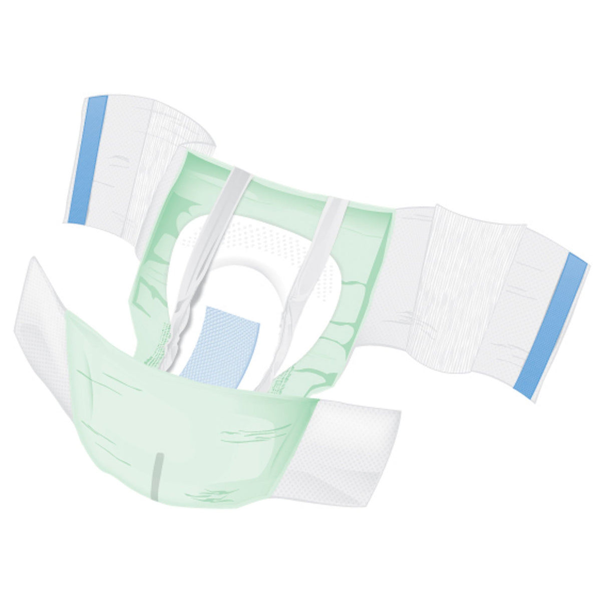 Illustration of an open McKesson Adult Briefs, Ultra Plus, featuring ultra absorbency pads, elastic leg cuffs, and adhesive tabs for a secure fit. The mainly white design includes light green and blue accents for overnight protection.