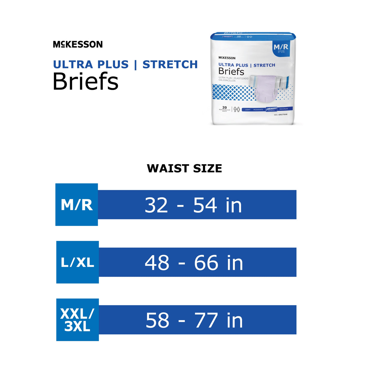 McKesson Adult Briefs, Ultra Plus shown. Designed for overnight protection with Ultra Plus absorbency. Size chart: M/R 32–54 in, L/XL 48–66 in, XXL/3XL 58–77 in waist.