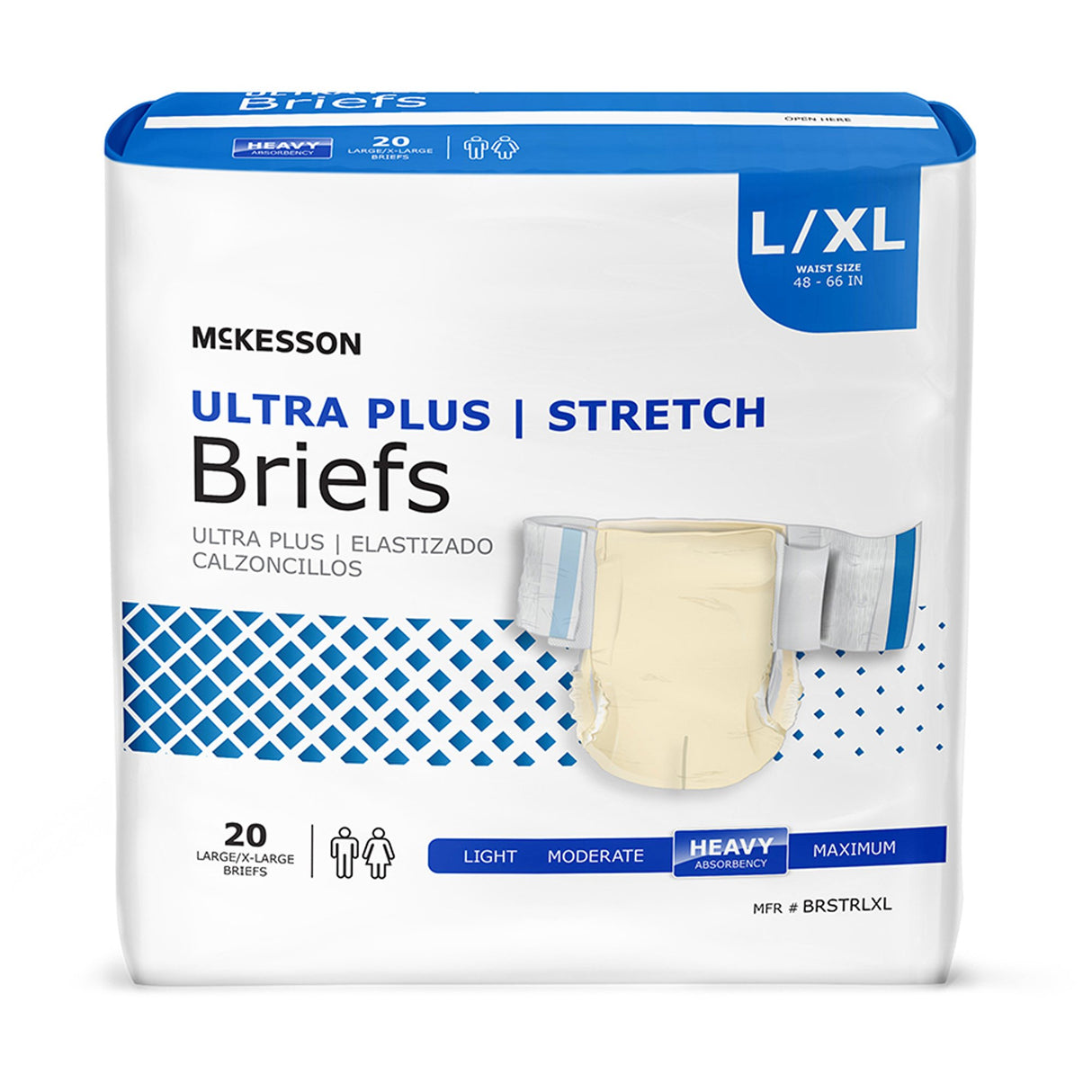 Package of McKesson Adult Briefs, Ultra Plus, size L/XL (48-66 in waist), 20 count. Features image of brief and icons for overnight use, heavy absorbency, maximum protection. Text in English and Spanish.