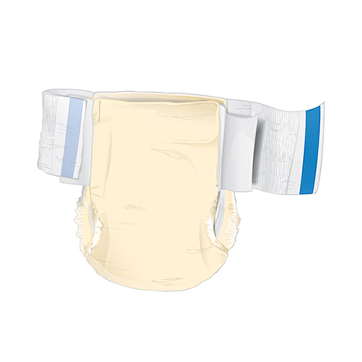 Illustration of a flat, open McKesson Adult Brief, Ultra Plus, light yellow with adjustable adhesive tabs and elastic leg cuffs—designed for ultra plus absorbency and overnight protection.