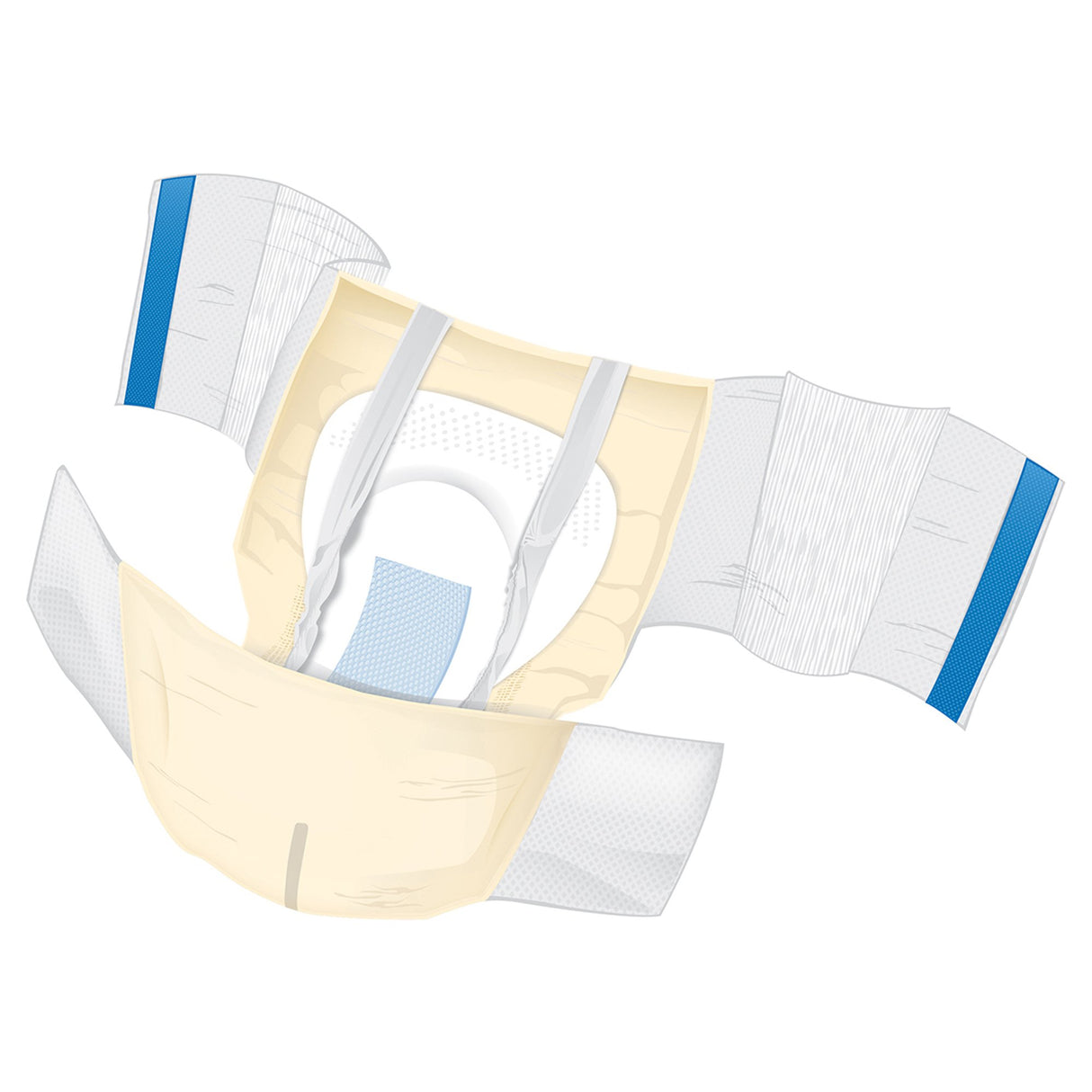 Image of a McKesson Adult Brief (Ultra Plus), unfolded to show absorbent yellow inner padding, white and blue accents, blue side tabs, and stretchy leg cuffs. Offers Ultra Plus Absorbency from the trusted McKesson brand for overnight use.
