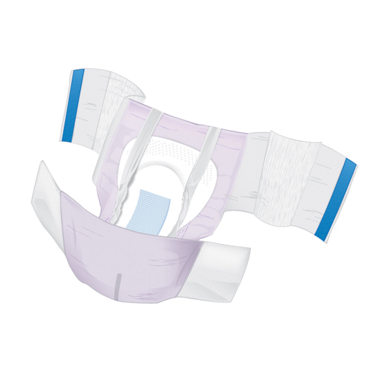 Illustration of McKesson Adult Briefs, Ultra Plus: open disposable adult diaper with blue adhesive tabs, soft absorbent core, and stretchy wings for a secure, comfortable fit—ideal for overnight use. Brand: McKesson.