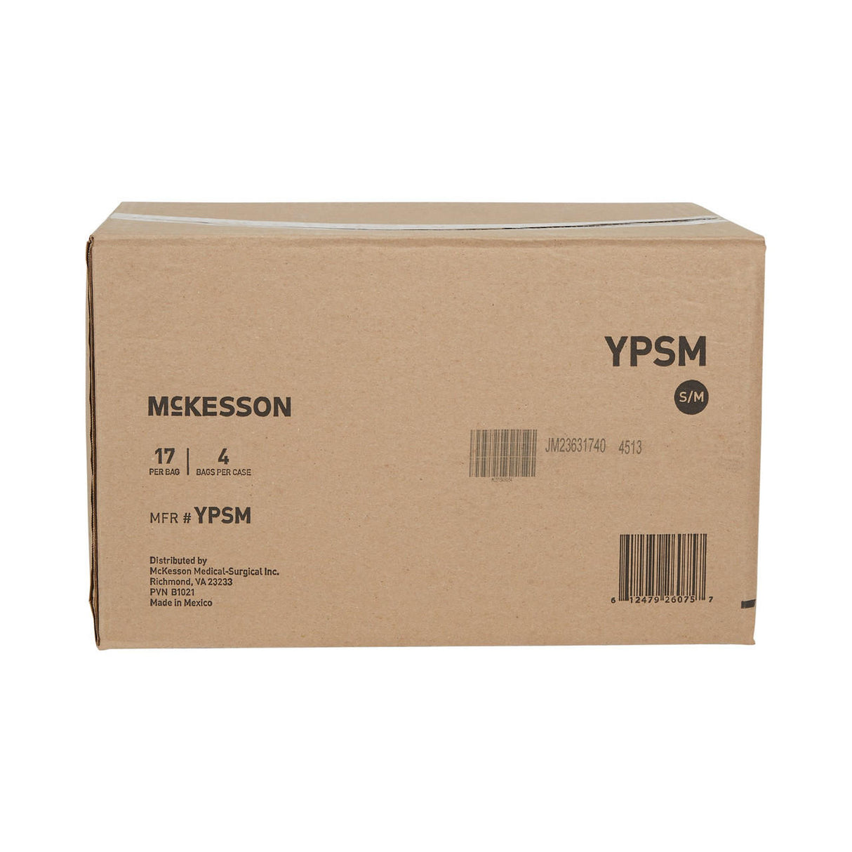 A brown cardboard box labeled “McKesson Unisex Youth Absorbent Underwear” contains disposable youth underwear with absorbent materials for leak prevention. The front displays printed text, a barcode, and distribution details. Brand: McKesson.