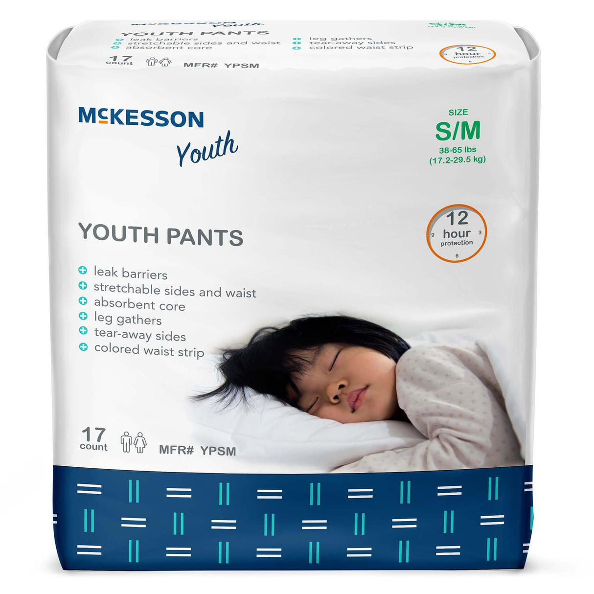 A pack of McKesson Unisex Youth Absorbent Underwear, size S/M, offers 12-hour leak protection with stretchable sides and an absorbent core. Contains 17 disposable pants per pack. Brand: McKesson.
