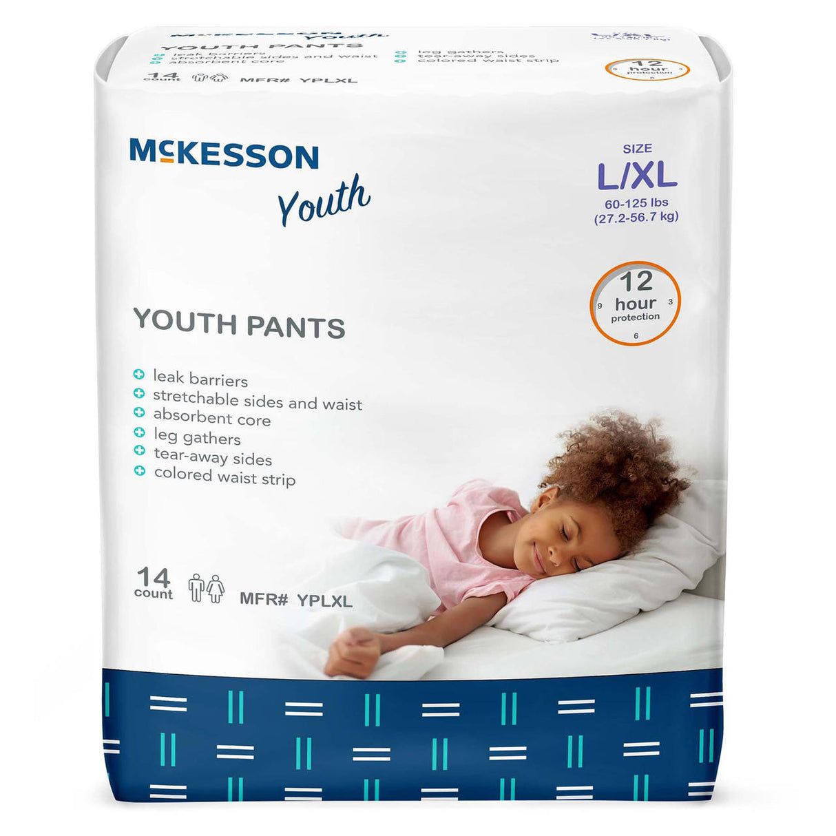 McKesson Unisex Youth Absorbent Underwear, size L/XL for 60–125 lbs, offers 12-hour leak protection. Each pack includes 14 disposable underwear and features a smiling child in bed on the packaging.