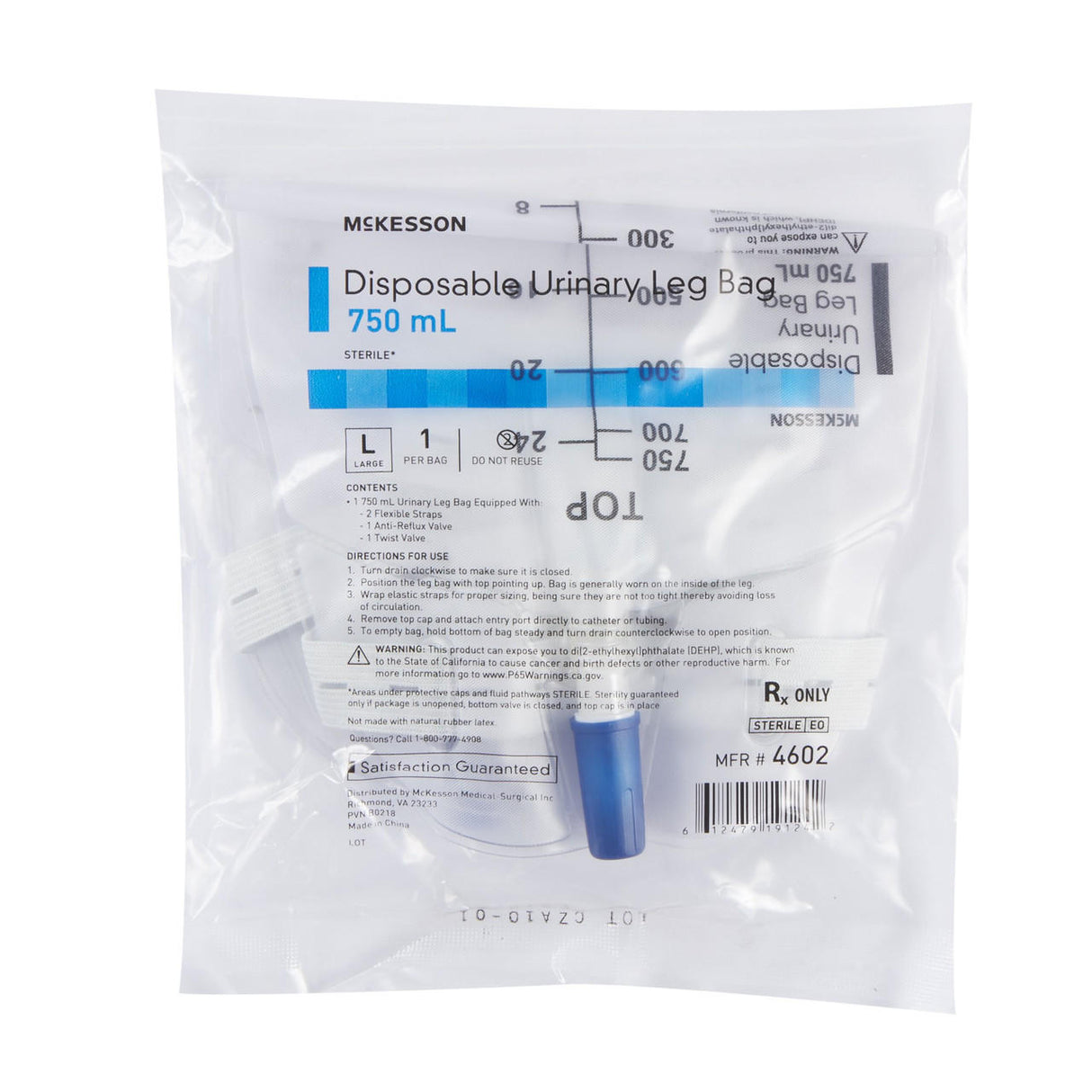 A sealed package contains a McKesson Urinary Leg Bag with Anti-Reflux Valve, 750 mL capacity. The sterile bag features a blue twist valve and visible tubing inside clear plastic packaging.