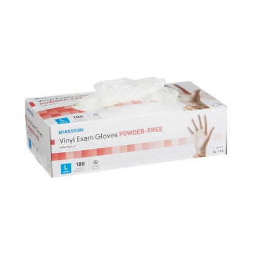 A box of McKesson Vinyl Exam Gloves, Clear, latex-free and powder-free, size large. One glove is partially pulled out from the top of the 100-count box, which displays images of hands on the front. Brand: McKesson.