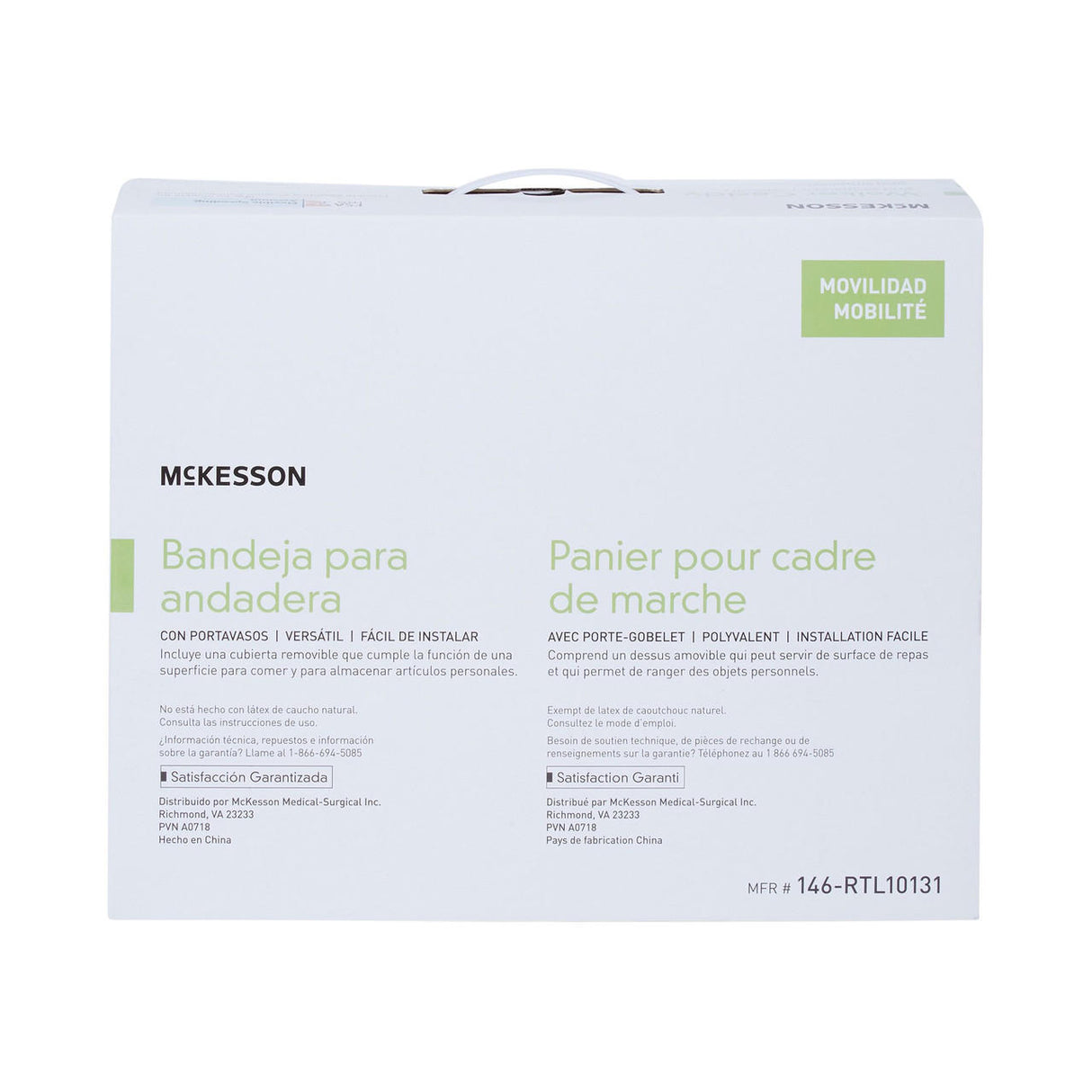 Front view of a McKesson Walker Caddy box with product info in Spanish and French, showing the Movilidad Mobilité label in green at the top right and McKesson walker caddy product number 146-RTL10131 at the bottom right.