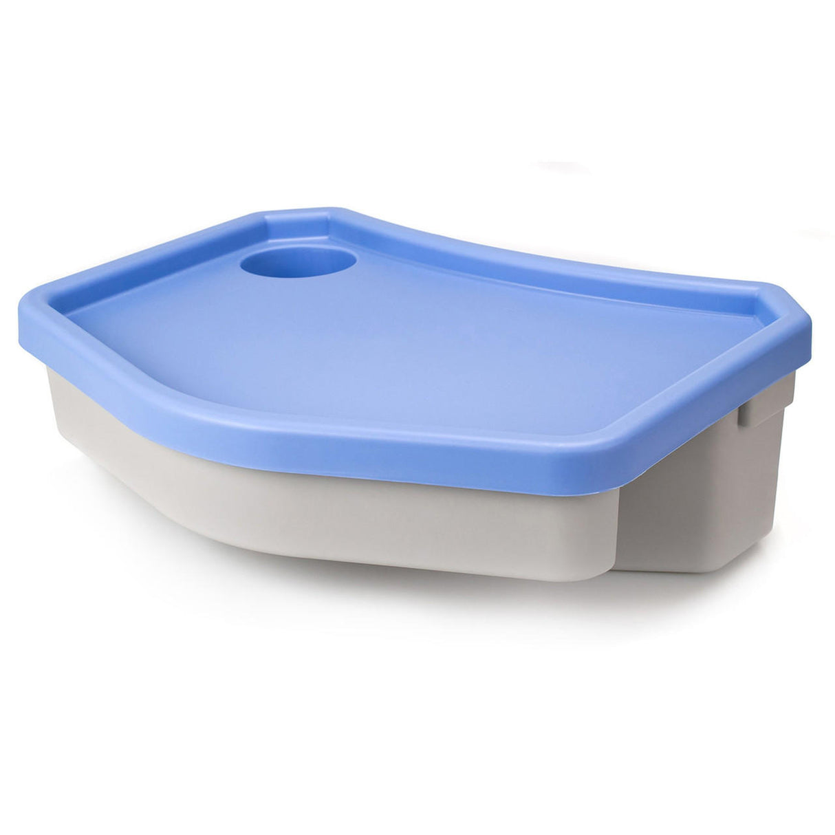 The McKesson Walker Caddy by McKesson is a light gray plastic caddy with a blue lid and circular opening for easy access, designed for odor control, and includes a removable tray for quick cleaning.