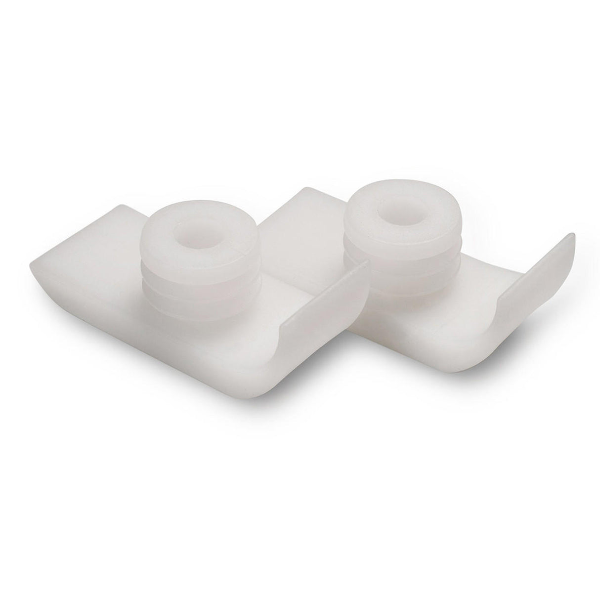 McKesson Walker Ski Glides by McKesson: two white plastic clips with cylindrical tops and flat rectangular bases, each with a raised edge—perfect as walker glide tips or accessories to upgrade your mobility aid.