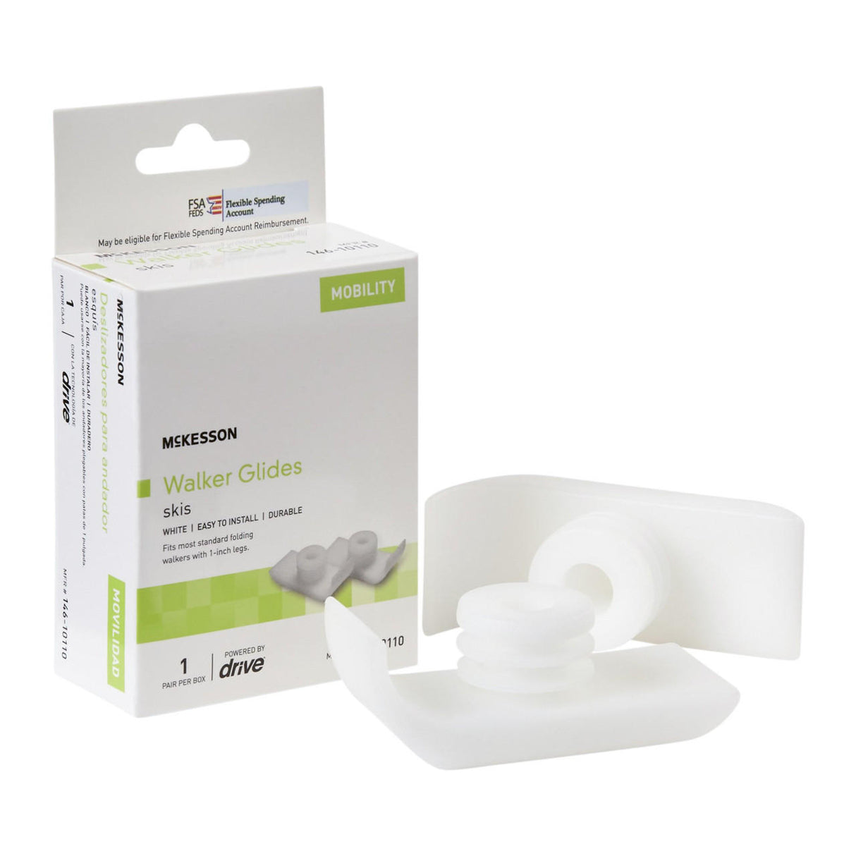 A box labeled McKesson Walker Ski Glides with two white plastic glides in front, ideal replacement accessories for your mobility aid.