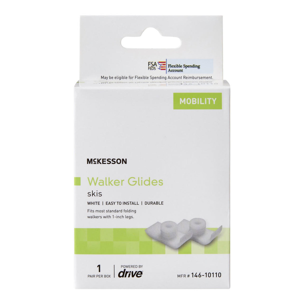 A box of McKesson Walker Ski Glides for 1-inch leg walkers is labeled easy to install and durable. The white package features images of these essential walker accessories and highlights FSA eligibility.