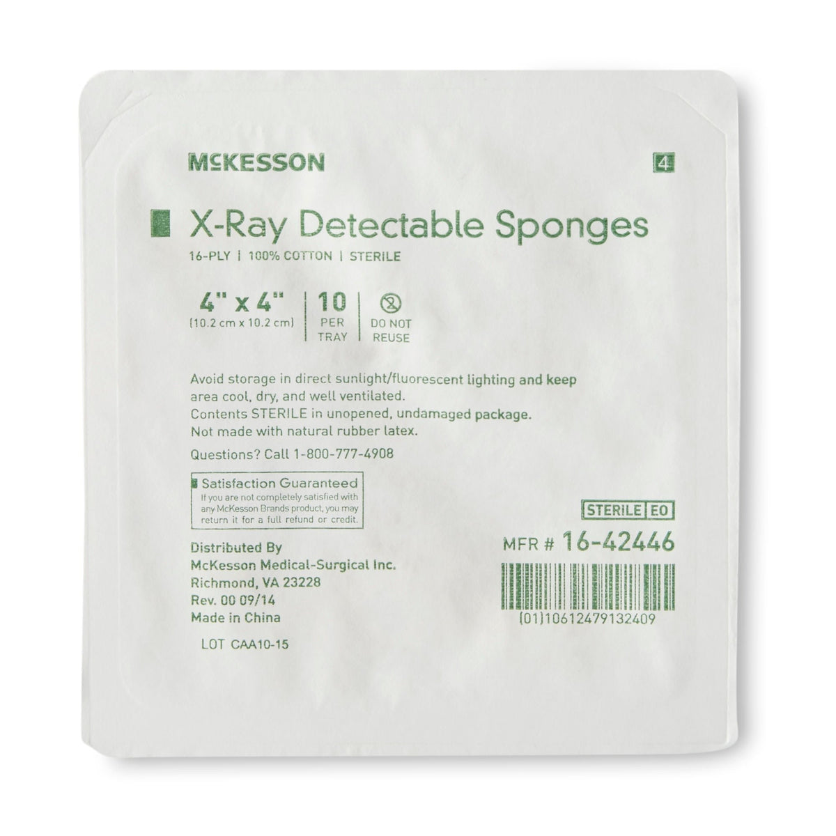 McKesson X-Ray Detectable Sponges 16-Ply Sterile Gauze, 4" x 4", 10 per Tray - 16-42446-Tray - LL Medico