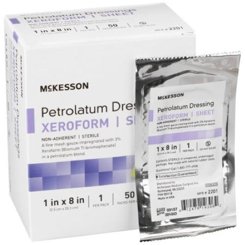 A box and a single packet of McKesson Xeroform Petrolatum Gauze Dressing, 1 x 8 Inch, sterile non-adherent primary wound dressings with bismuth tribromophenate for moist healing. Packaging is mainly white with purple and gray accents.