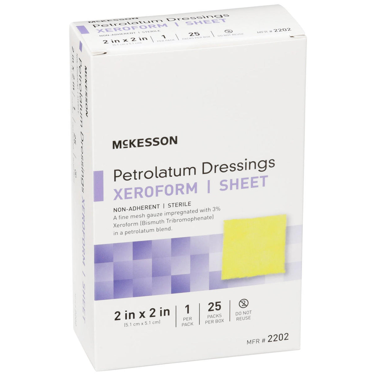 Box of McKesson Xeroform Petrolatum Gauze Dressing, 2 x 2 inch, sterile, contains 25 sheets per box. Packaging promotes moist wound healing and shows a small image of the yellow gauze with bismuth tribromophenate.