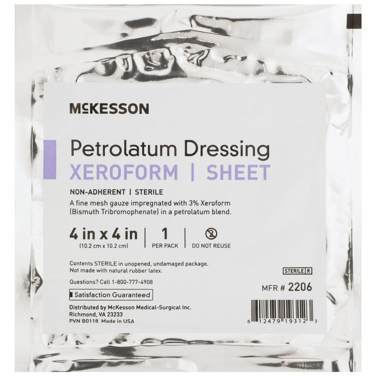 A sealed package labeled McKesson Xeroform Petrolatum Gauze Dressing, 4 x 4 Inch, Sterile contains one sterile, non-adherent gauze dressing impregnated with 3% Xeroform for moist wound healing.