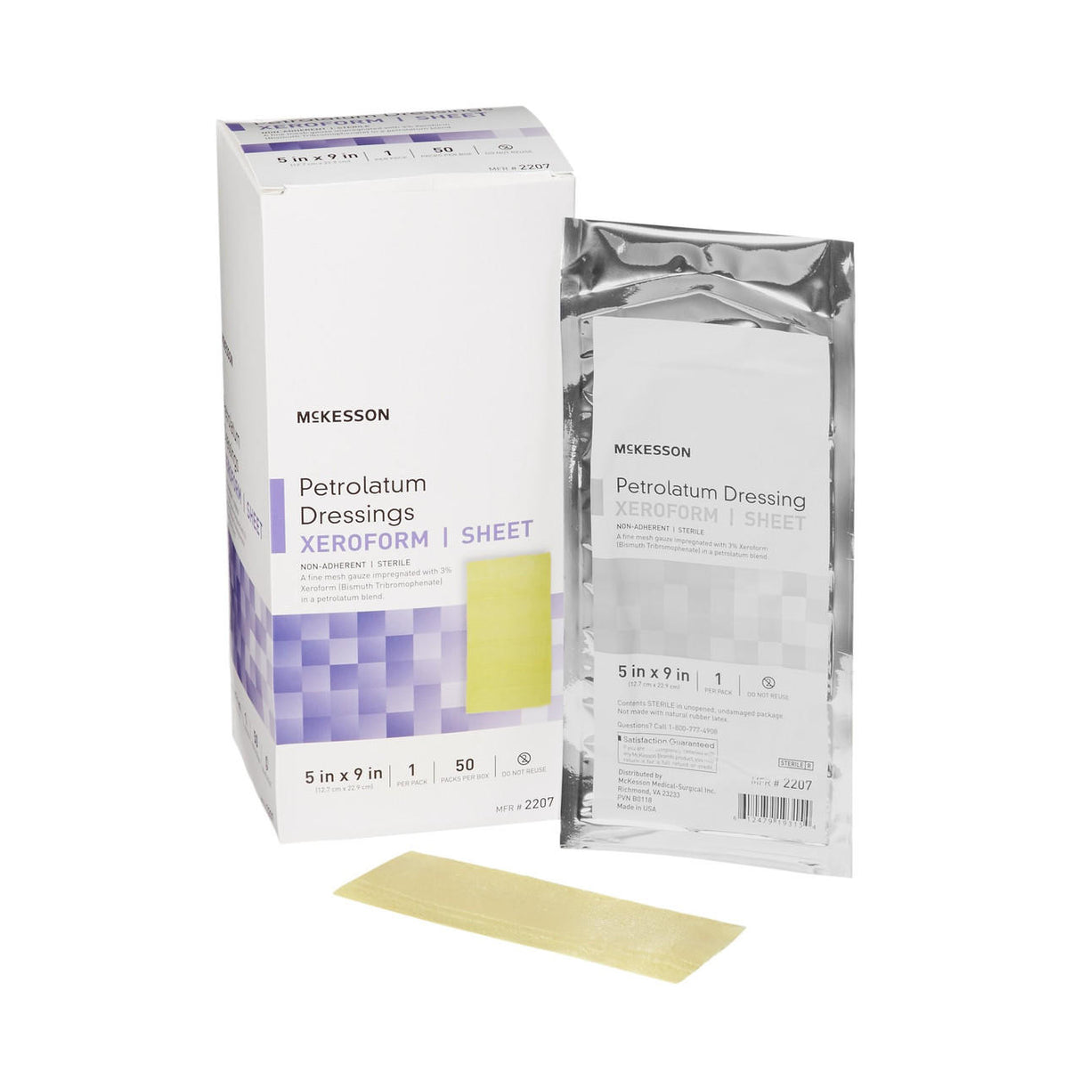 The McKesson Xeroform Petrolatum Gauze Dressing, 5 x 9 inch, is a sterile wound dressing with bismuth tribromophenate that promotes moist healing. Packaging is mainly white with purple and gray accents. Brand: McKesson.