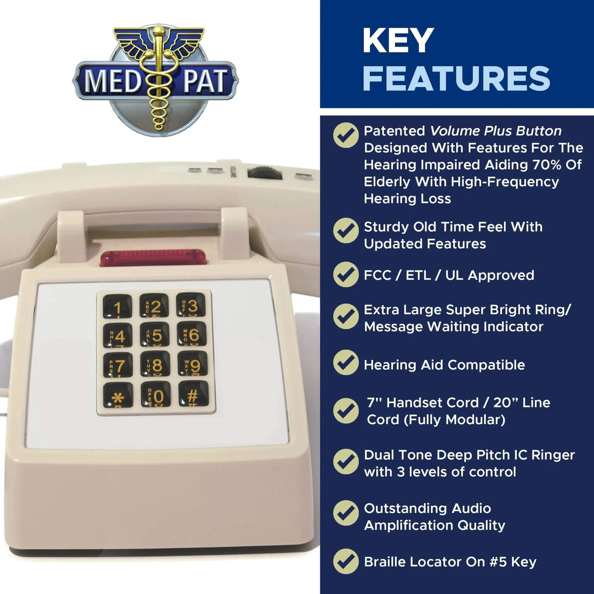 Med-Pat D2600C Retro Corded Desk Phone | Beige & Volume Boost
