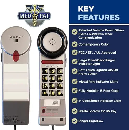 Med-Pat XL3060 Pewter One-Piece Phone | Volume Boost & Visual Ring