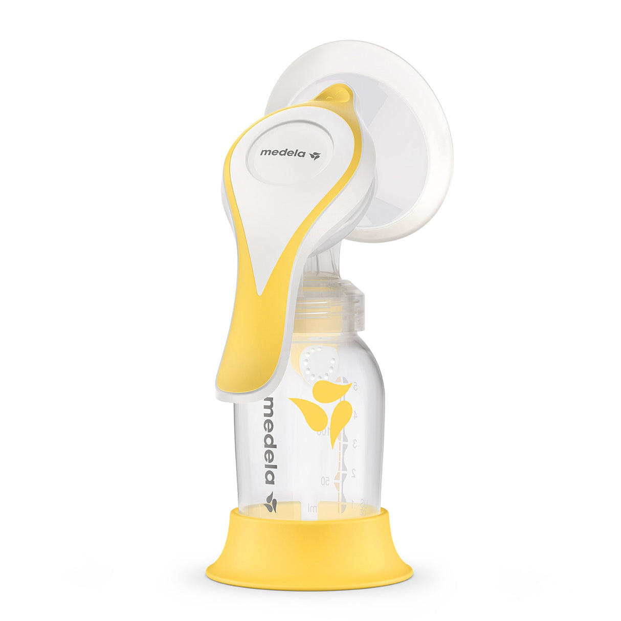 The Medela Harmony Manual Breast Pump by Medela features a yellow and white design with a clear bottle, logo, and measurement markings. It stands on a yellow base—ideal for portable, on-the-go use.