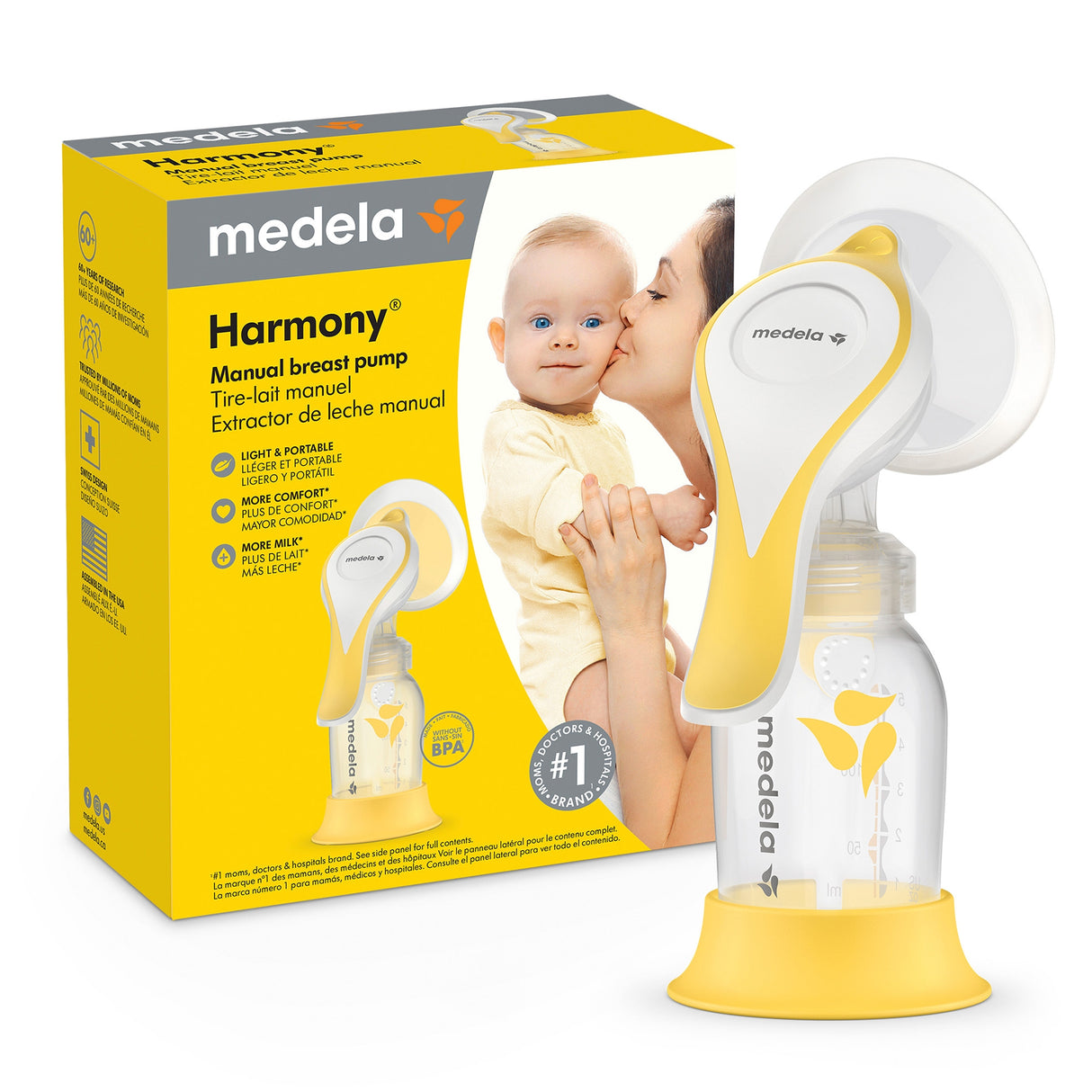 The Medela Harmony Manual Breast Pump is pictured next to its yellow box, displaying a mother with her baby, the Medela logo, and multilingual product details. This portable pump provides convenient manual operation.