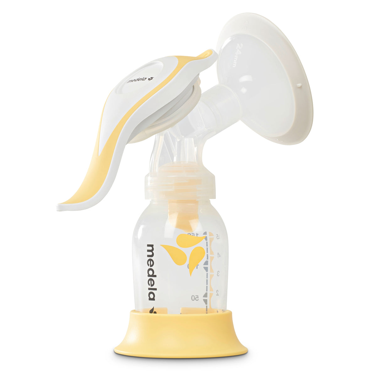 The Medela Harmony Manual Breast Pump by Medela features a clear bottle, yellow base, and white and yellow handle with branding and butterfly logo, offering reliable portable pumping.