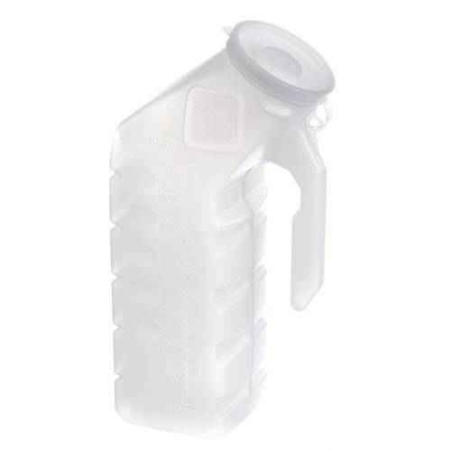 The Bed Pans & Urinals Medline Industries Male Urinal with Lid is a translucent 1000mL plastic urinal with handle and secure lid, designed for easy, spill-proof bedside use and transport.