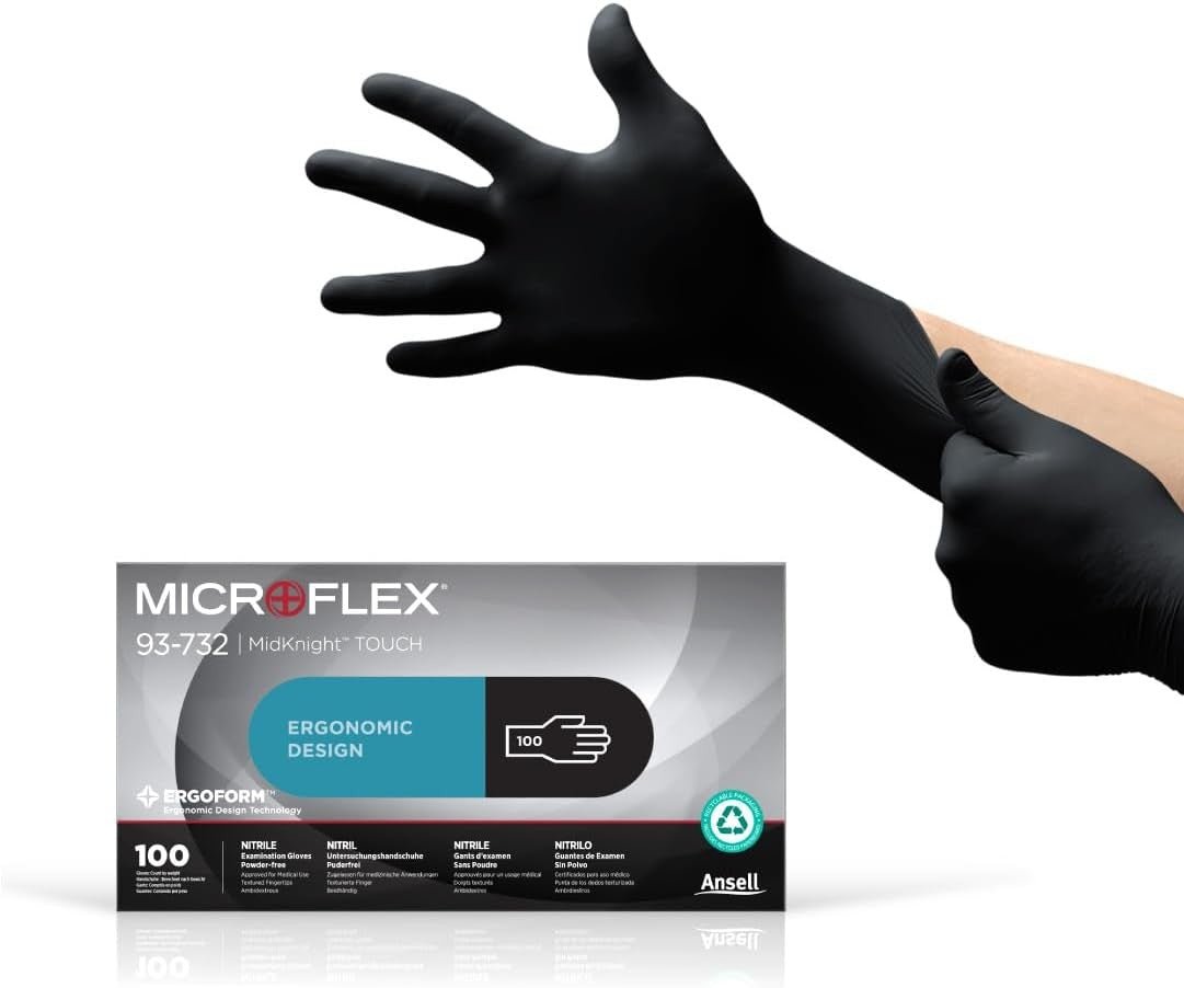 Microflex MidKnight Touch Nitrile Exam Gloves, Black, Powder-Free - 93732100-Box - LL Medico