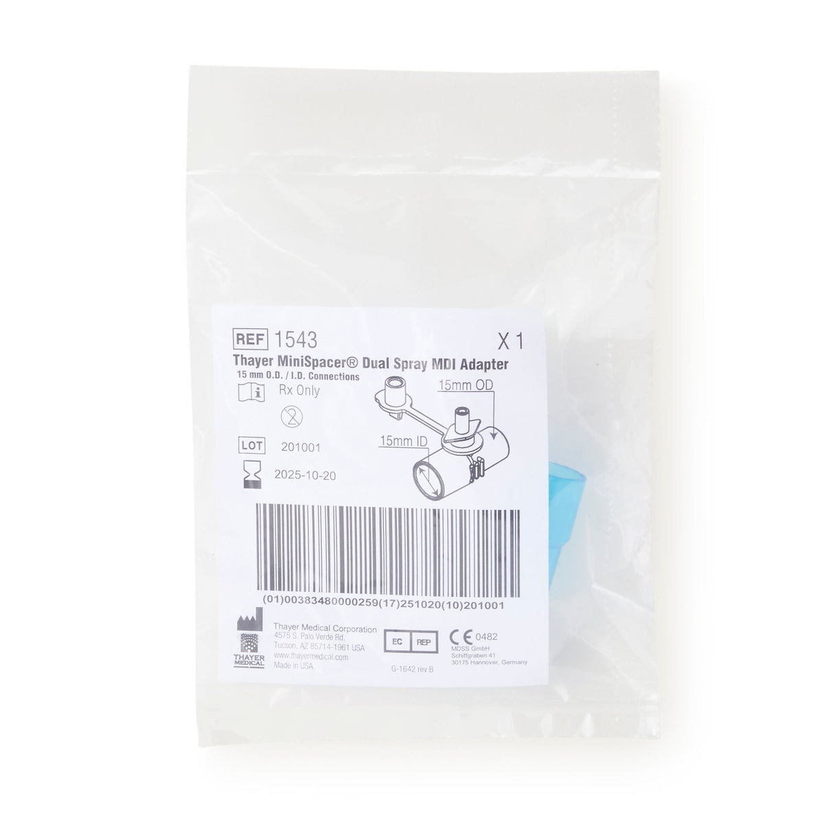 MiniSpacer Dual Spray MDI Adapter, 15 mm - 1543-Single - LL Medico
