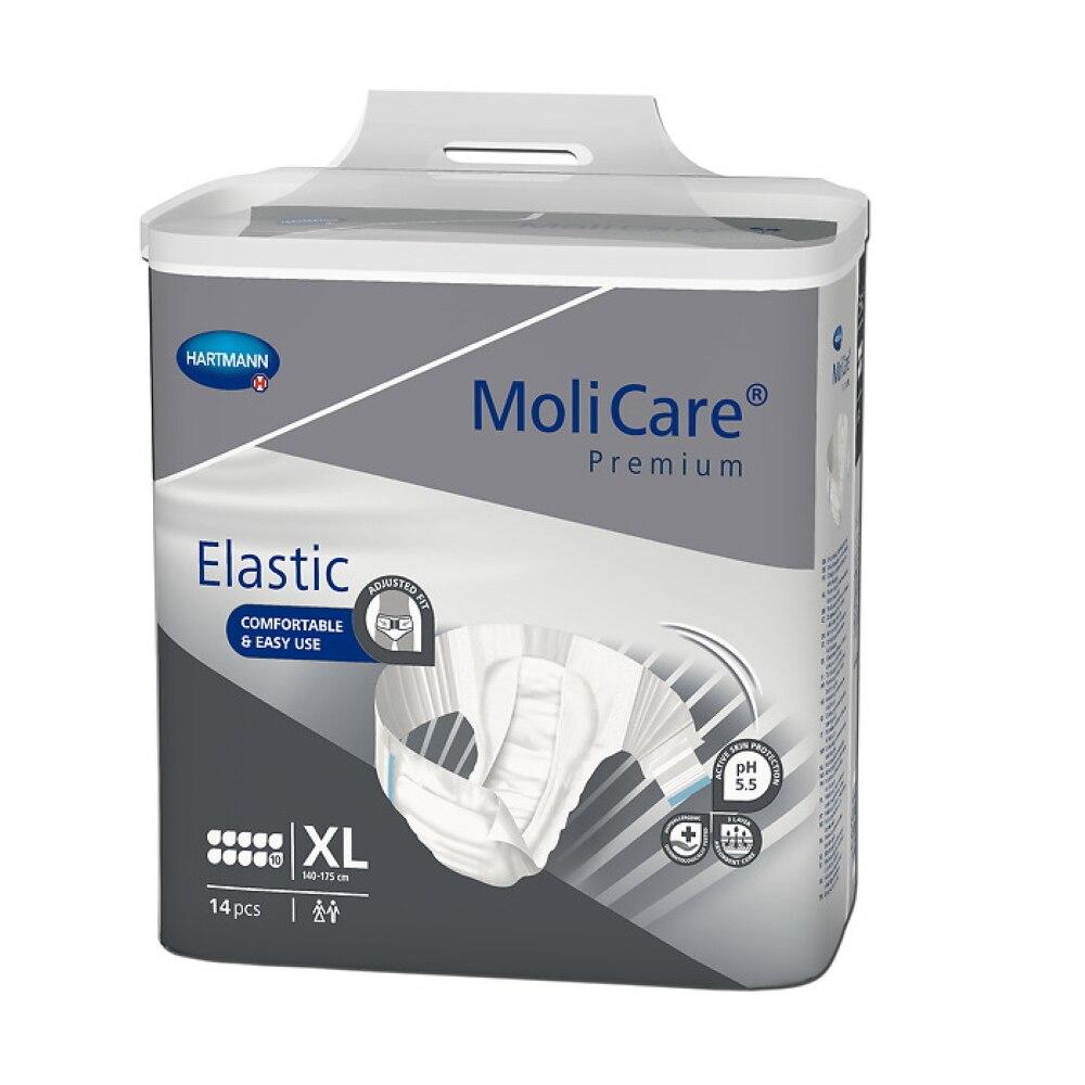 A pack of Molicare Premium Elastic Briefs, 10D, size XL includes 14 overnight adult diapers. The mostly white and gray package with blue accents displays the briefs and product details.