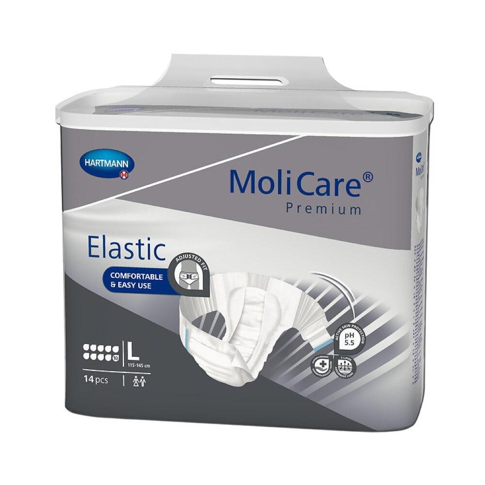 MoliCare Premium Elastic Briefs, 10D by Molicare, size Large, pack of 14. The gray and white package highlights comfort, pH balance, and is ideal for incontinence care or use as overnight adult diapers.