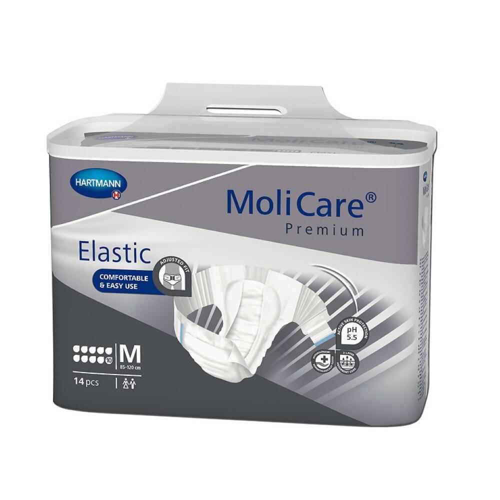 A pack of Molicare Premium Elastic Briefs 10D, size M, 14 pieces. The white-gray packaging features product images, comfort, easy use, a pH 5.5 symbol, and reliable overnight adult diaper protection.