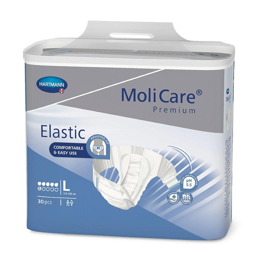MoliCare Premium Elastic Briefs, 6D by Molicare, size large, pack of 30. Blue and white packaging shows a diaper image and highlights comfort, easy use, an absorbent core, and pH 5.5 skin care.