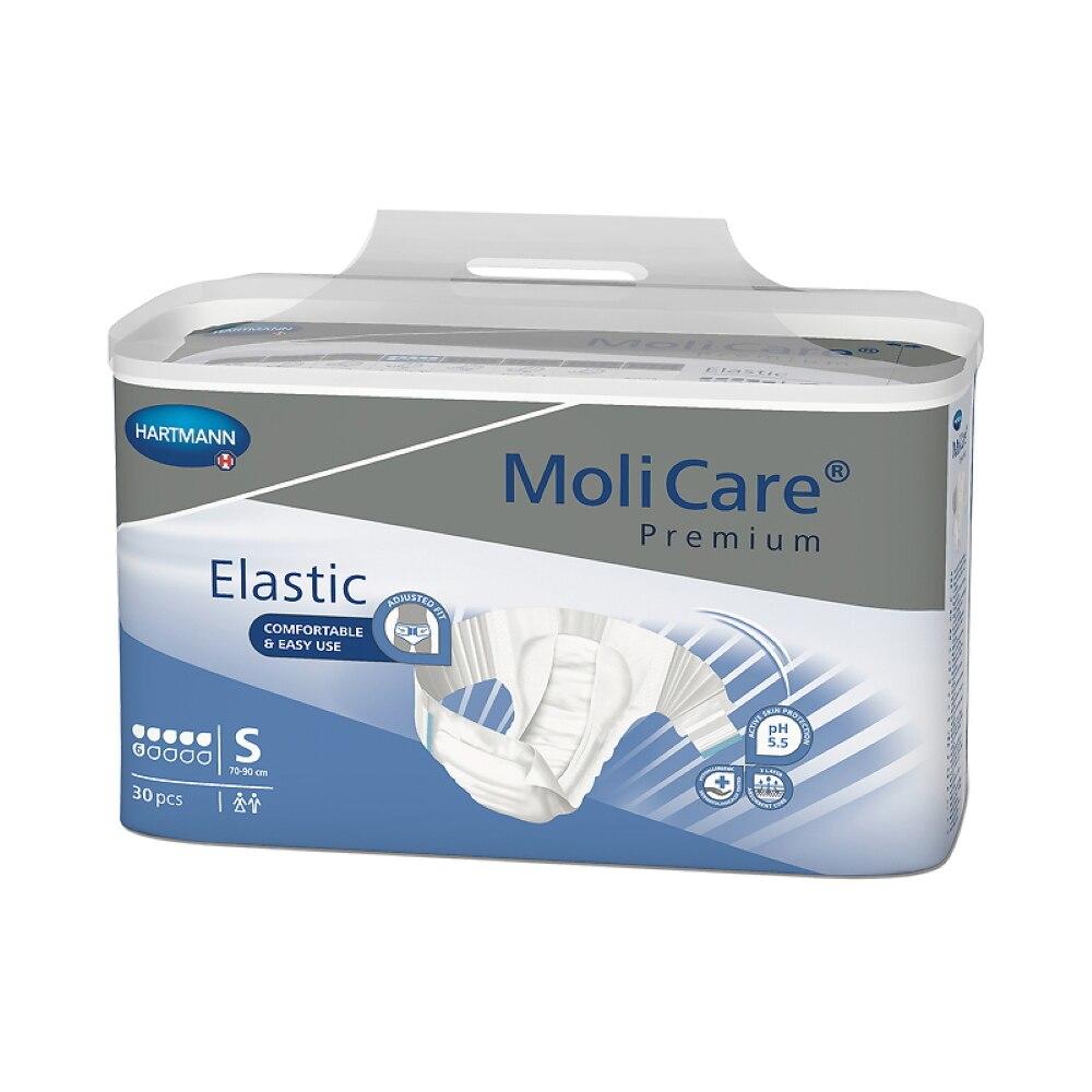 A pack of Molicare Premium Elastic Briefs, 6D, size S (30 count), comes in mainly white and blue packaging with product details, a diaper image, and highlights its absorbent core for effective protection.