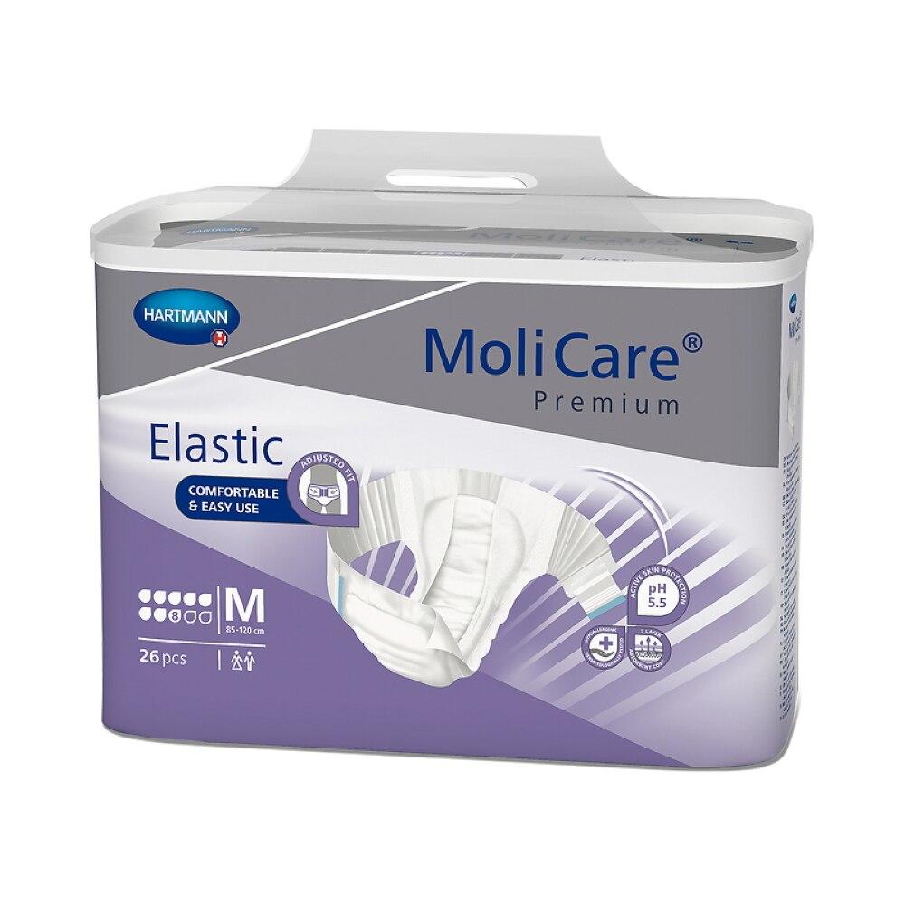 A pack of 26 MoliCare Premium Elastic Briefs, 8D, size M by Molicare. The mainly purple and white packaging showcases super plus absorbency, pH 5.5 skin protection, comfort features, and a product image with details.