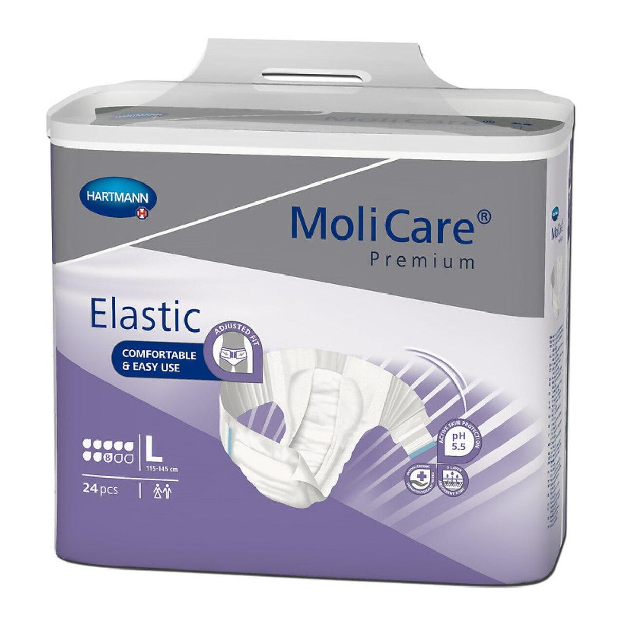 A 24-pack of MoliCare Premium Elastic Briefs, 8D, size large, from Molicare features super plus absorbency, easy use, adjustable fit, and pH 5.5 skin protection—all highlighted on the packaging.