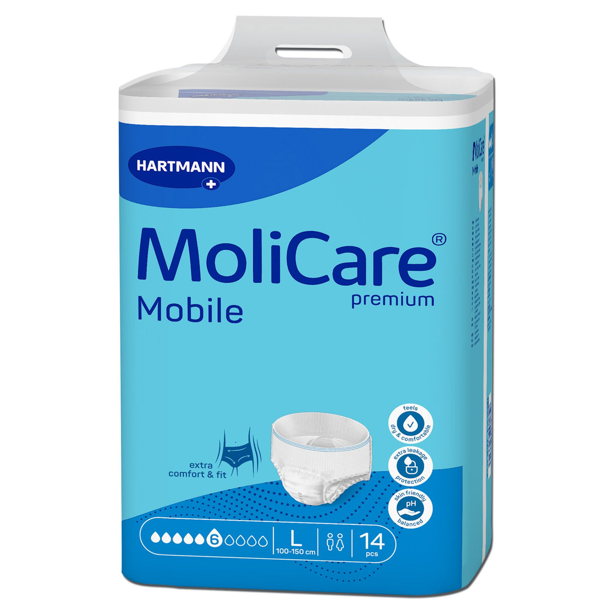 A blue pack of Molicare Premium Mobile 6D Pull-Up Underwear, size large, includes 14 pieces and features icons for comfort, fit, and heavy incontinence protection.